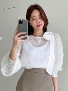 DAZY Chất rắn Knot Shoulder Shirred Cuff Áo sơ mi - trắng - Xem 4