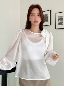 DAZY Chất rắn Knot Shoulder Shirred Cuff Áo sơ mi - trắng - Xem 12