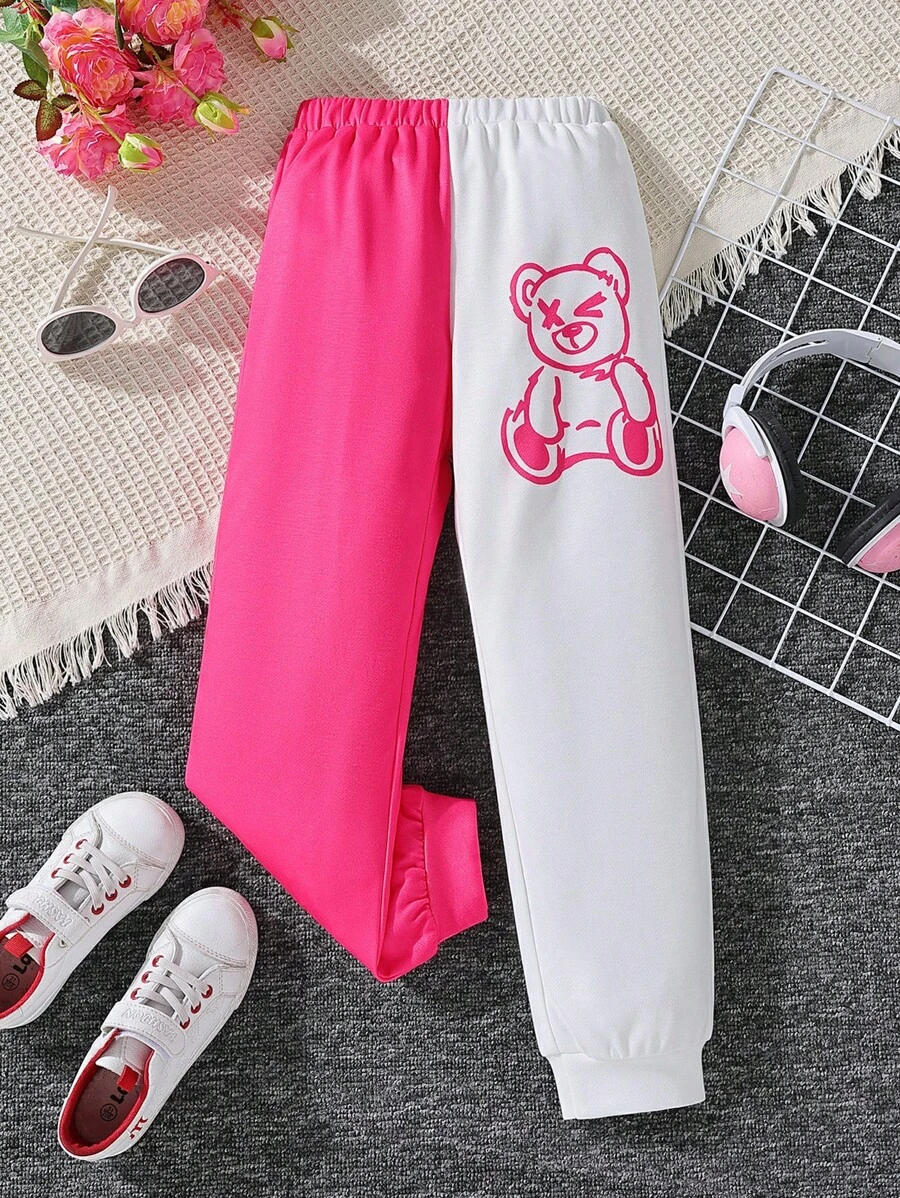 SHEIN Tween Girl Bear Print Two Tone Joggers