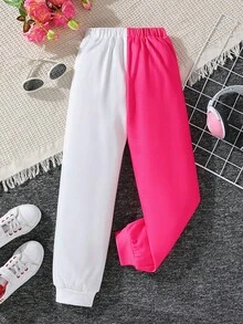 SHEIN Tween Girl Bear Print Two Tone Joggers