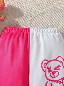 SHEIN Tween Girl Bear Print Two Tone Joggers