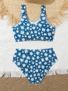 Tween Girl Floral Print Bikini Set Summer Beach - Blue - View 2