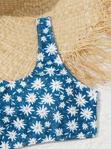 Tween Girl Floral Print Bikini Set Summer Beach - Blue - View 3