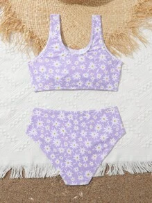 Tween Girl Floral Print Bikini Set Summer Beach - Purple - View 2