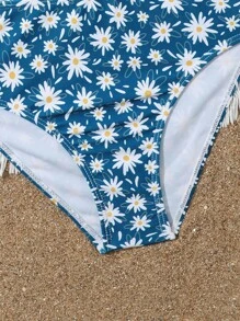 Tween Girl Floral Print Bikini Set Summer Beach - Blue - View 4