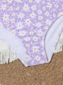 Tween Girl Floral Print Bikini Set Summer Beach - Purple - View 3