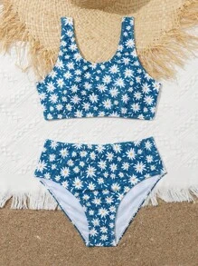 Tween Girl Floral Print Bikini Set Summer Beach - Blue - View 5