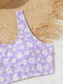 Tween Girl Floral Print Bikini Set Summer Beach - Purple - View 4