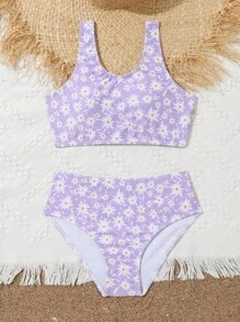 Tween Girl Floral Print Bikini Set Summer Beach - Purple - View 5