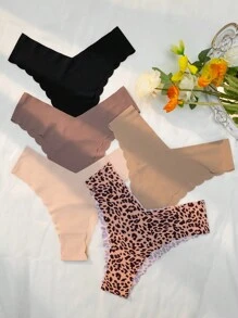 5pack Leopard Print Scallop Trim No Show Panty