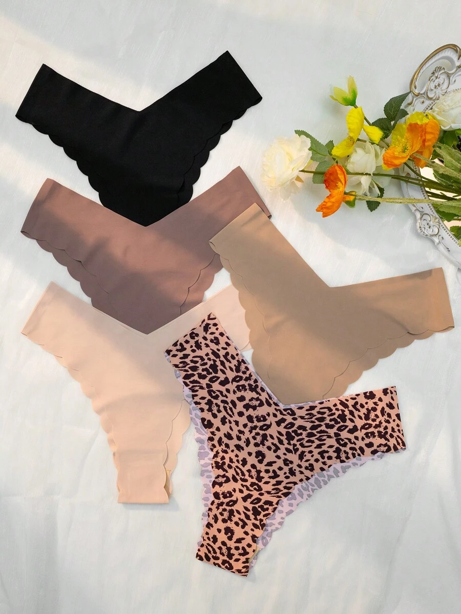 5pack Leopard Print Scallop Trim No Show Panty