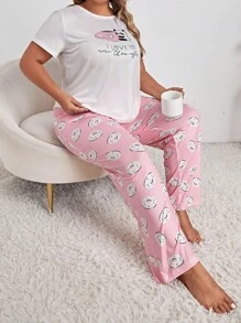 Talla grande Conjunto de pijama con estampado de slogan y dibujos animados - Multicolor - Ver 1