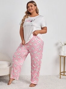 Talla grande Conjunto de pijama con estampado de slogan y dibujos animados - Multicolor - Ver 2
