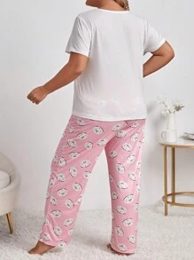 Talla grande Conjunto de pijama con estampado de slogan y dibujos animados - Multicolor - Ver 3