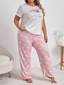 Talla grande Conjunto de pijama con estampado de slogan y dibujos animados - Multicolor - Ver 5
