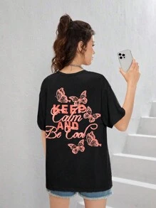 女大童蝴蝶和標語圖案落肩T恤 - 黑色 - 查看 1