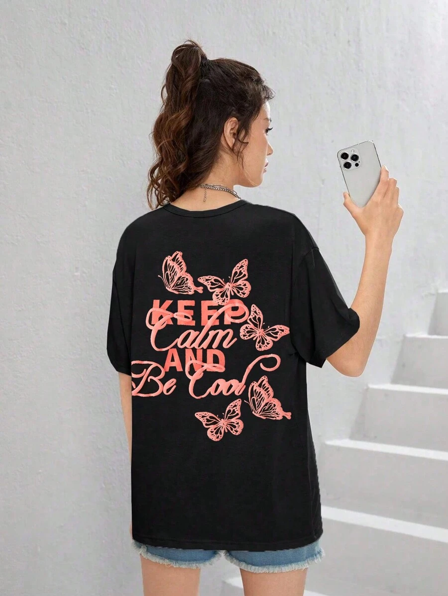 女大童蝴蝶和標語圖案落肩T恤 - 黑色 - 查看 1