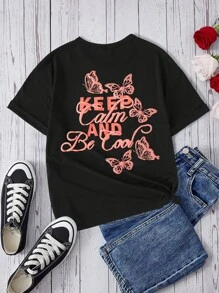 女大童蝴蝶和標語圖案落肩T恤 - 黑色 - 查看 2