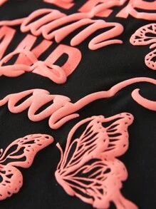 女大童蝴蝶和標語圖案落肩T恤 - 黑色 - 查看 4