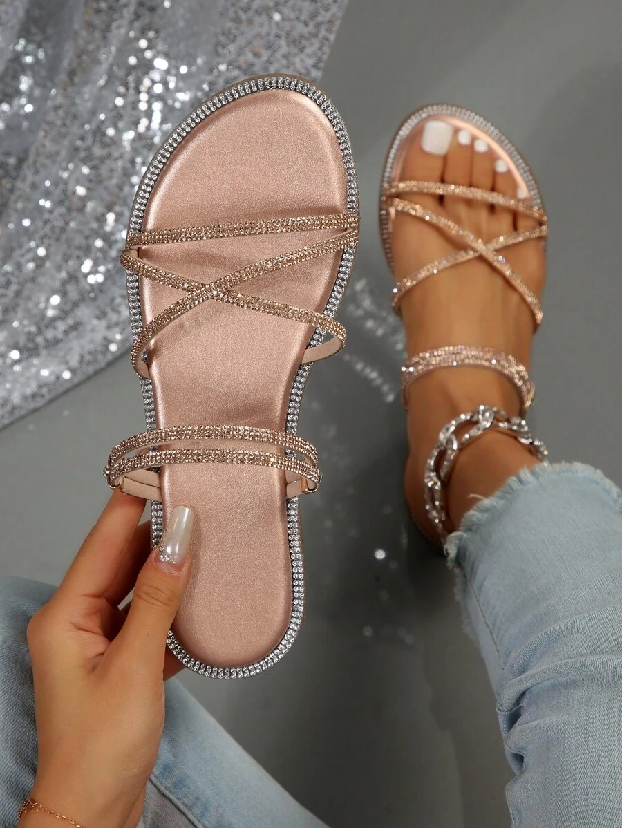 Women Crystal Embellished Flat Sandals, Thin Strap Two-Way Wearing Slipper Sandals Valentines
