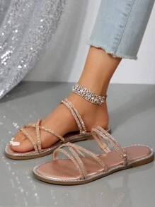 Women Crystal Embellished Flat Sandals, Thin Strap Two-Way Wearing Slipper Sandals Valentines