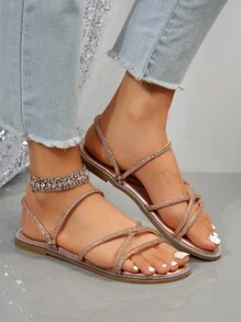 Women Crystal Embellished Flat Sandals, Thin Strap Two-Way Wearing Slipper Sandals Valentines