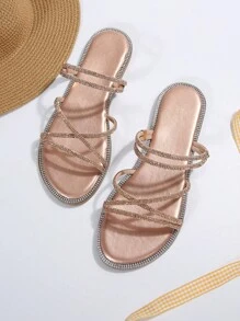 Women Crystal Embellished Flat Sandals, Thin Strap Two-Way Wearing Slipper Sandals Valentines