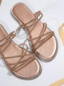 Women Crystal Embellished Flat Sandals, Thin Strap Two-Way Wearing Slipper Sandals Valentines