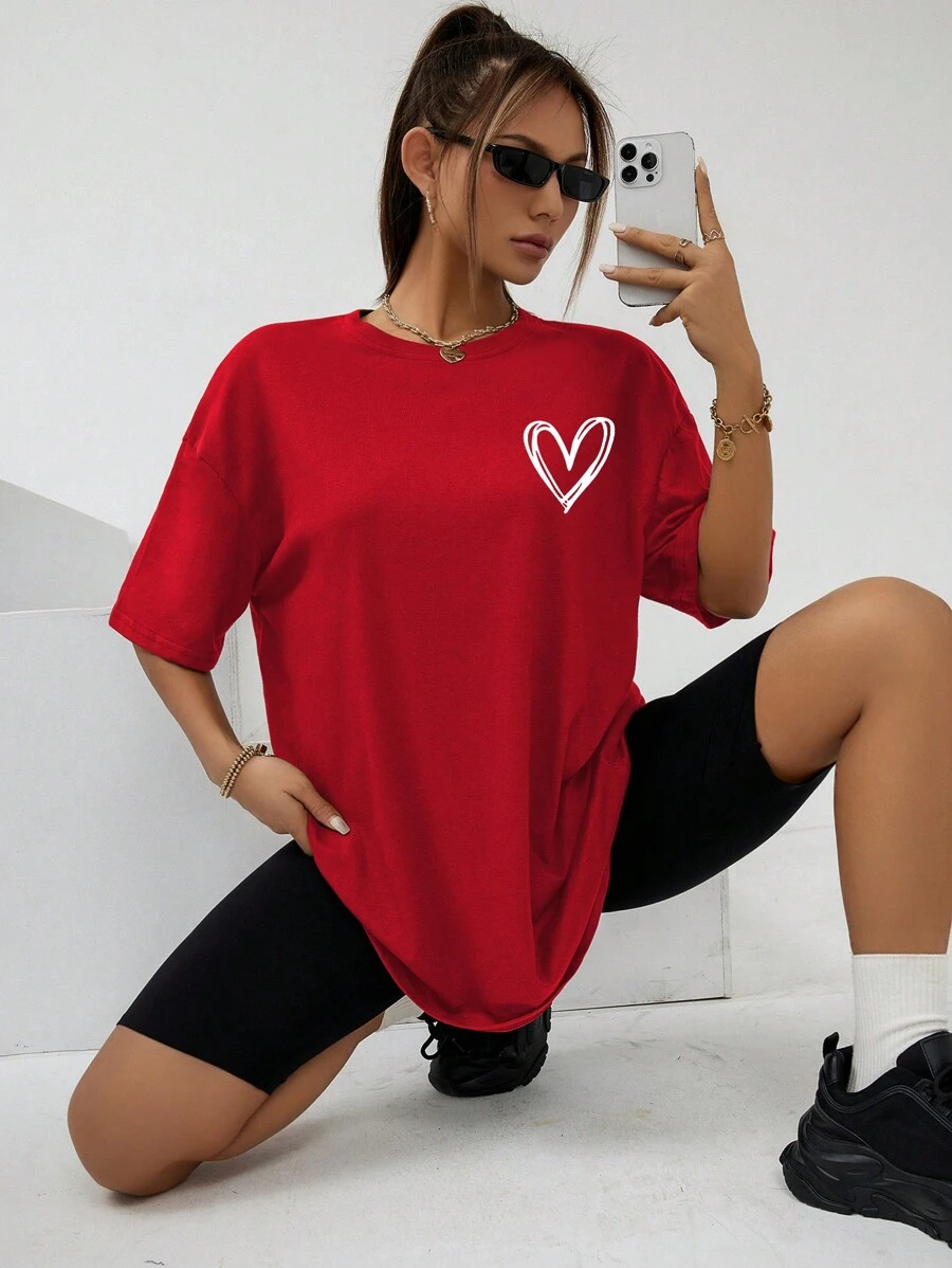 INAWLY Áo thun oversize in hình trái tim thả vai Áo thun họa tiết cho nữ - Đỏ - Xem 1