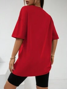 INAWLY Áo thun oversize in hình trái tim thả vai Áo thun họa tiết cho nữ - Đỏ - Xem 2