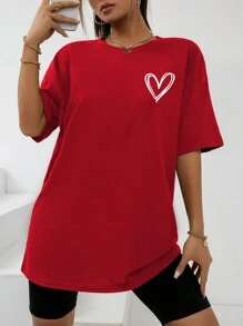 INAWLY Áo thun oversize in hình trái tim thả vai Áo thun họa tiết cho nữ - Đỏ - Xem 3