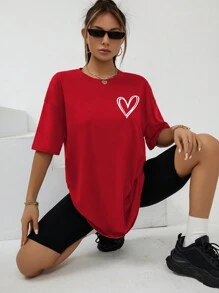 INAWLY Áo thun oversize in hình trái tim thả vai Áo thun họa tiết cho nữ - Đỏ - Xem 4