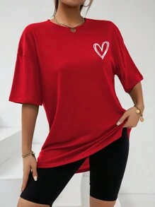 INAWLY Áo thun oversize in hình trái tim thả vai Áo thun họa tiết cho nữ - Đỏ - Xem 5