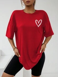 INAWLY Áo thun oversize in hình trái tim thả vai Áo thun họa tiết cho nữ - Đỏ - Xem 6