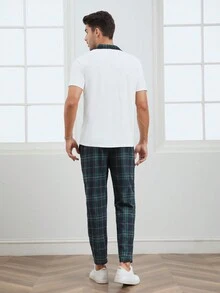 GENTILAND 男士格紋印花拼接領T恤和褲子 - 彩色 - 查看 2