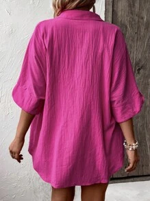 SHEIN LUNE 大碼1入組素色前紐扣襯衫 - 玫紅色 - 查看 2