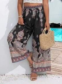 Breezaya Plus Paisley Print Wide Leg Pants - Black - View 1