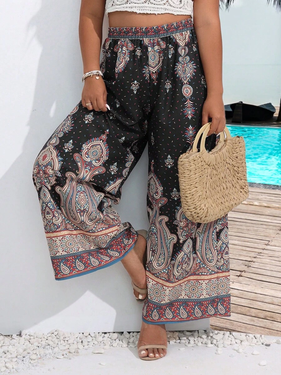 Breezaya Plus Paisley Print Wide Leg Pants - Black - View 1