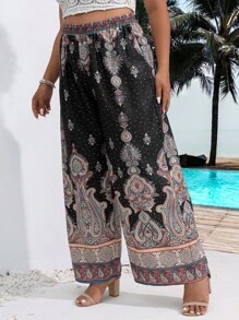 Breezaya Plus Paisley Print Wide Leg Pants - Black - View 3