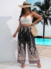 Breezaya Plus Paisley Print Wide Leg Pants - Black - View 4