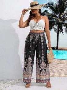 Breezaya Plus Paisley Print Wide Leg Pants - Black - View 5