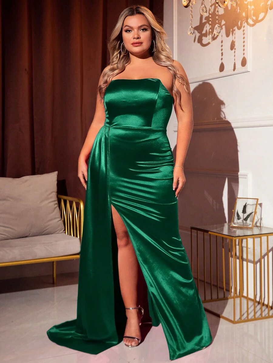 大碼高衩緞面側垂抹胸派對禮服
