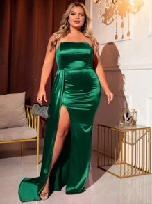 大碼高衩緞面側垂抹胸派對禮服