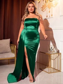 大碼高衩緞面側垂抹胸派對禮服