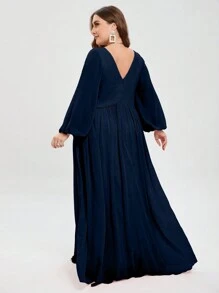Plus Plunging Neck Lantern Sleeve Split Thigh Chiffon Bridesmaid Dress - Navy Blue - View 3