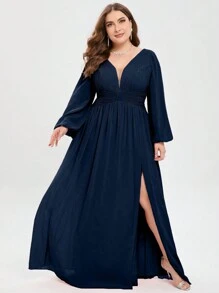 Plus Plunging Neck Lantern Sleeve Split Thigh Chiffon Bridesmaid Dress - Navy Blue - View 6