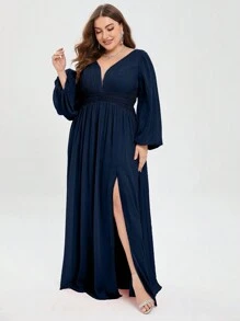 Plus Plunging Neck Lantern Sleeve Split Thigh Chiffon Bridesmaid Dress - Navy Blue - View 7