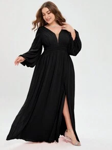 大碼燈籠袖高衩雪紡伴娘連衣裙 - 黑色 - 查看 3