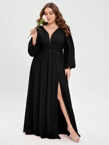 大碼燈籠袖高衩雪紡伴娘連衣裙 - 黑色 - 查看 2