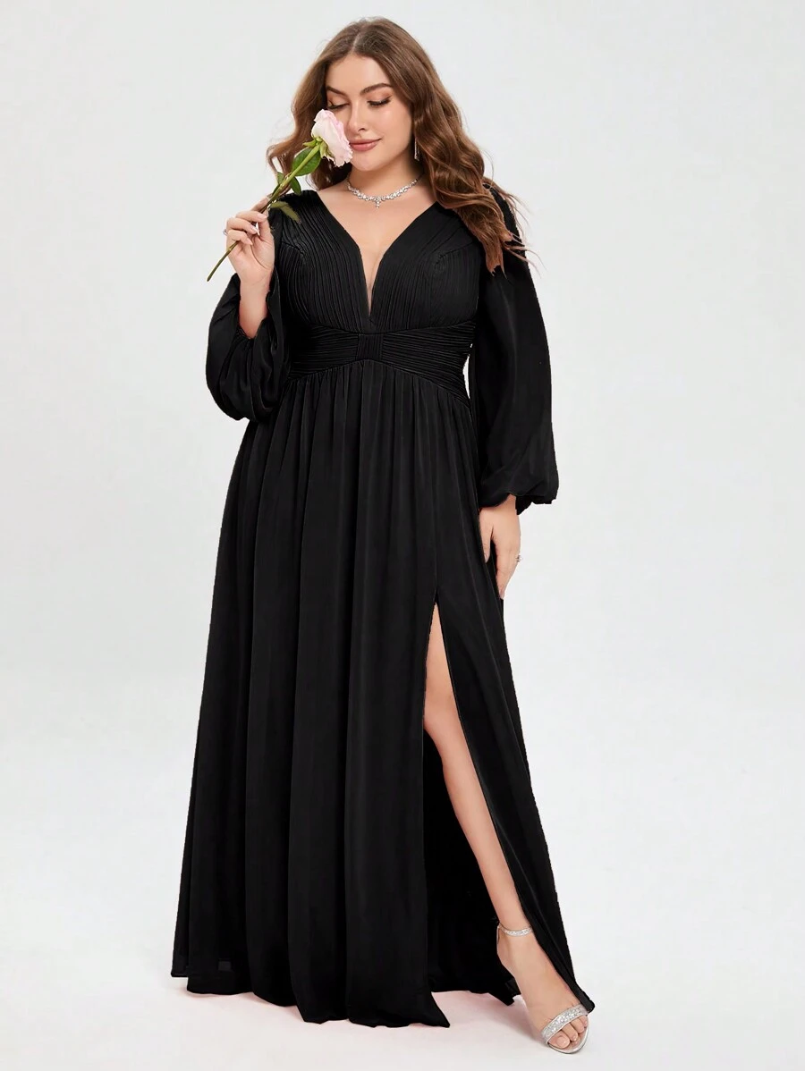 大碼燈籠袖高衩雪紡伴娘連衣裙